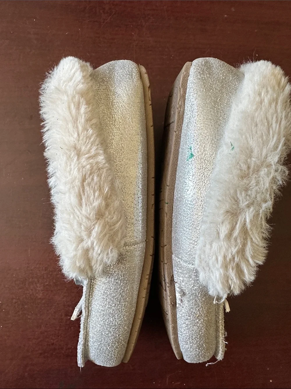 ##195, Size 12, Cozy Faux-Fur Lined Slippers with Bow - Metallic Beige